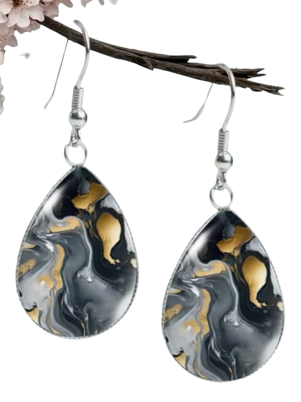 Gray and Golden Swirl Print Cabochon Glass Teardrop Dangle Earrings Silver Tone